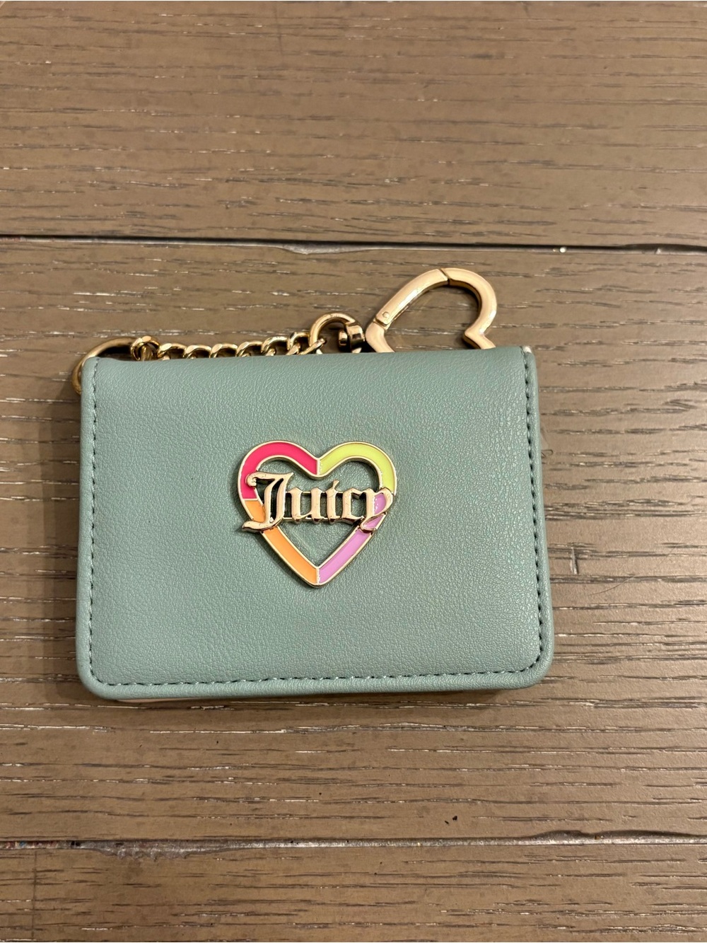 Juicy Couture light bluish Green Heart Logo Card Case Wallet with Gold keychain